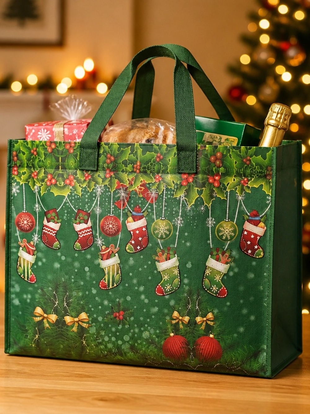Festive Green Holiday Reusable Gift Tote Bag